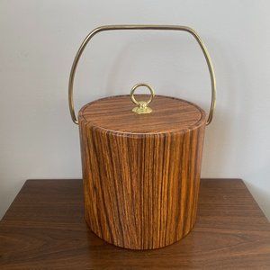 Vintage Wood Grain Vinyl Ice Bucket w Gold Handle, Retro Bar Cart, Vintage Home
